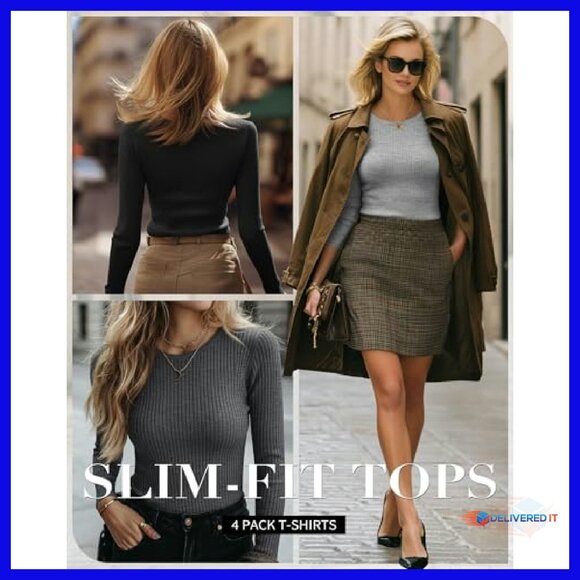 4 Pack Women's Long Sleeve Ribbed Tees Slim Fit Cotton Spandex Tops - Picture 6 of 7